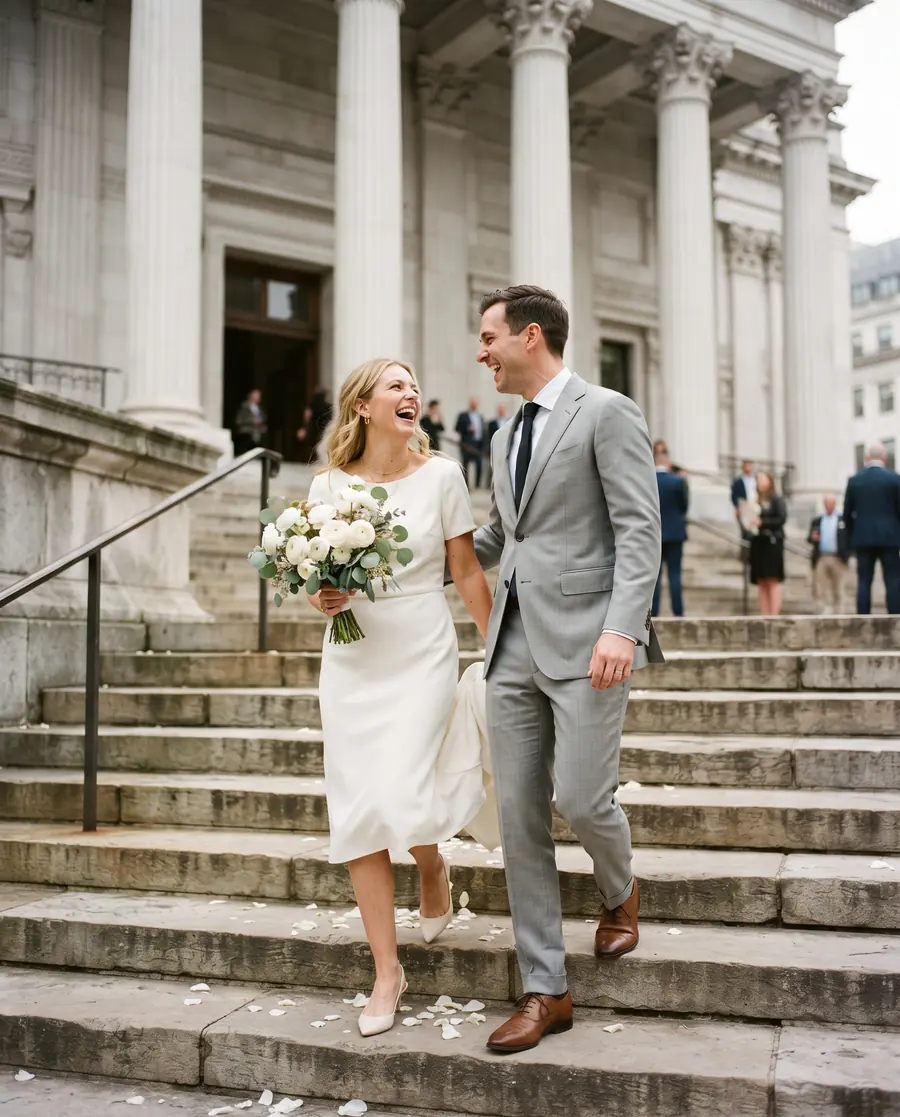 A bride and groom laughing as they walk up the steps of a courthouse