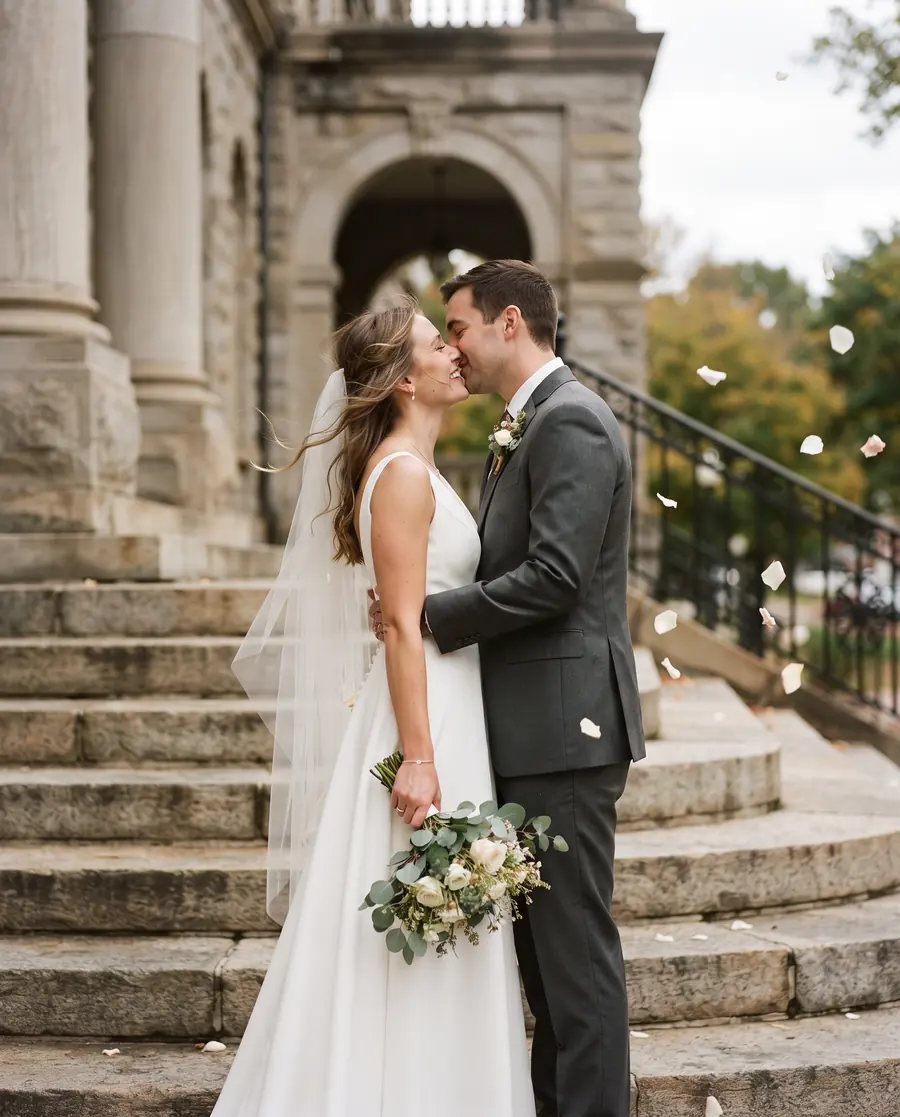 A couple kissing on courthouse steps as petals fall