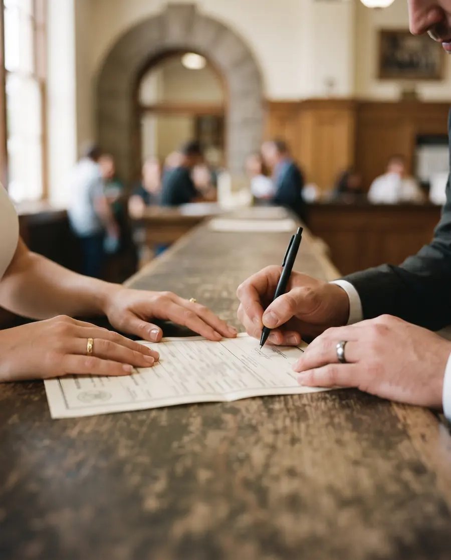 A couple signing a marriage license at the clerk's counter