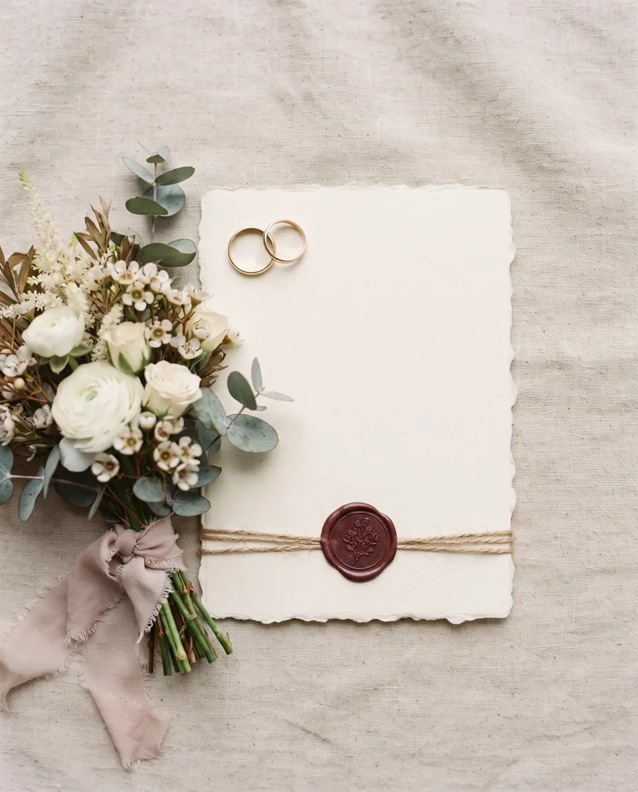 Two gold wedding rings, a small bouquet and a certificate with a wax seal